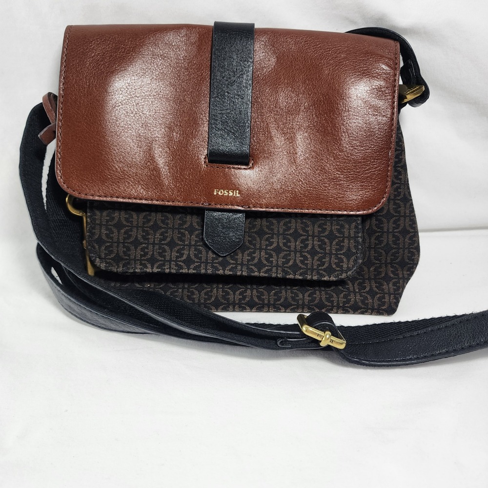 Y2K Fossil Mini Crossbody Brown Leather Canvas Messenger Bag‎ Travel Utility Key